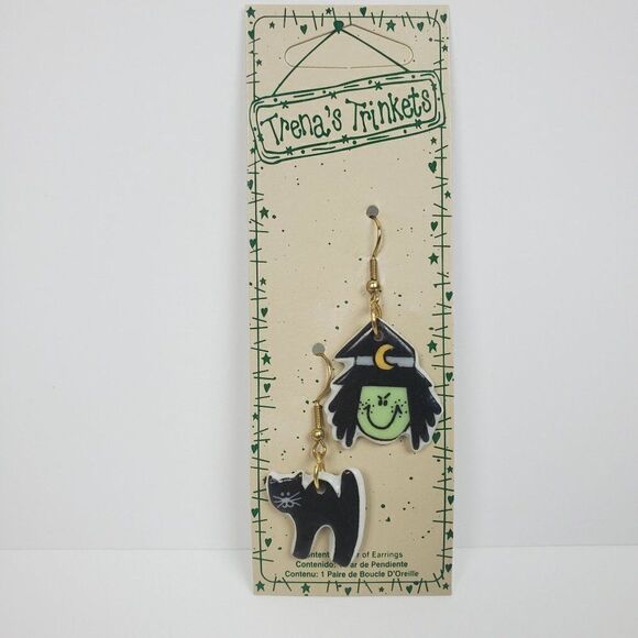 Trena's Trinkets Vintage 90s NOS Halloween Black Cat Witch Ceramic Hook Earrings - Picture 13 of 13
